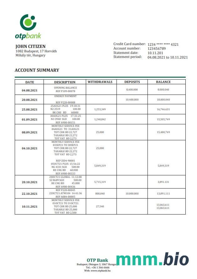 Hungary OTP Bank statement xls